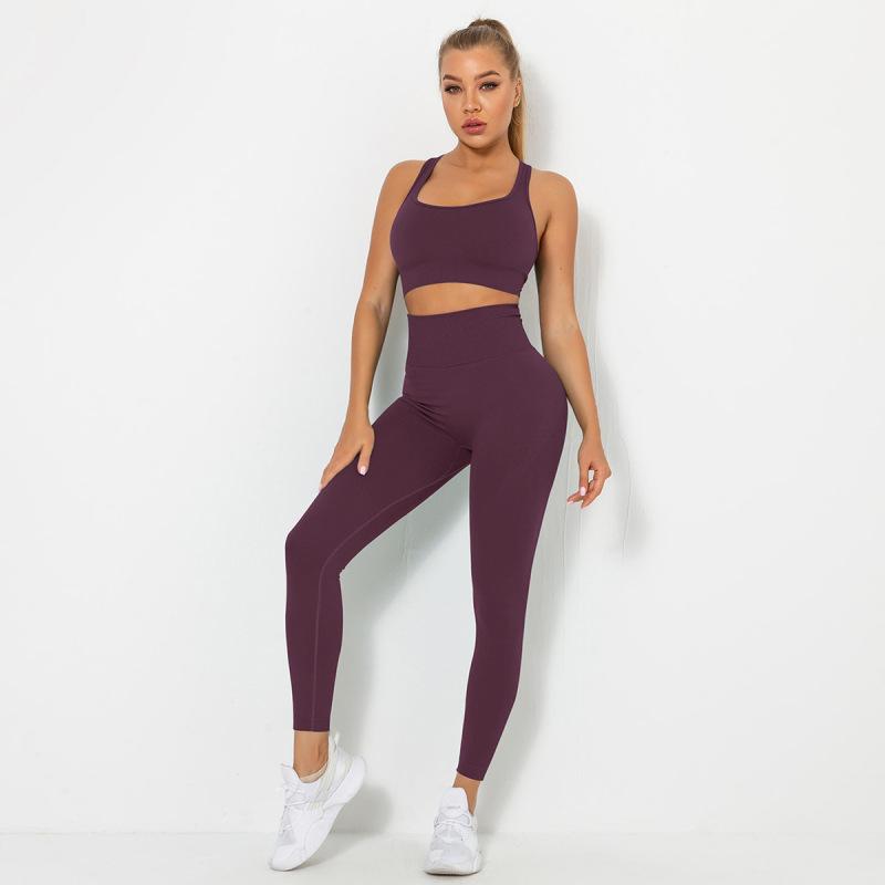 Kadın Dikişsiz Halter Yaka Düz Renk Toparlayıcı Şeftali Kalça Sıkılaştırıcı Spor Sütyeni Yoga Takımı Koşu Fitness Taytı İki Parça Set