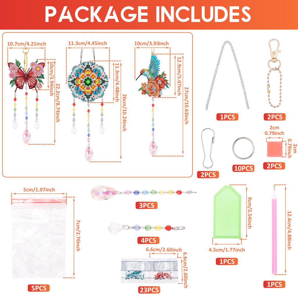 3Pcs Diamond Art Kit for Kid Wind Chime Craft DIY Sun Catcher Crystal Pendant with Diamond Pen Hang On Window Ceiling Balcony