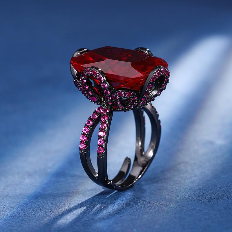 Jewelry Copper Bottom Gold-Plated Simulation Corundum Fat Rectangular Light Luxury Black Gold Finger Female 15 * 20