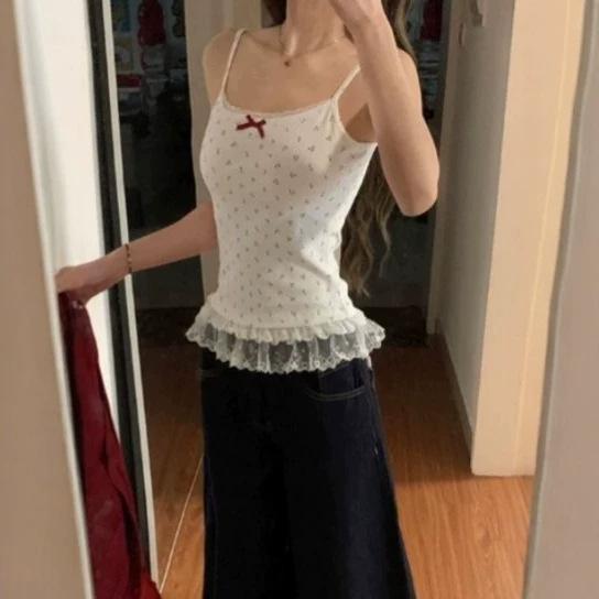 Gentle Wind Bow Lace Suspender Vest Women's Summer New Slim Lace Hem Top