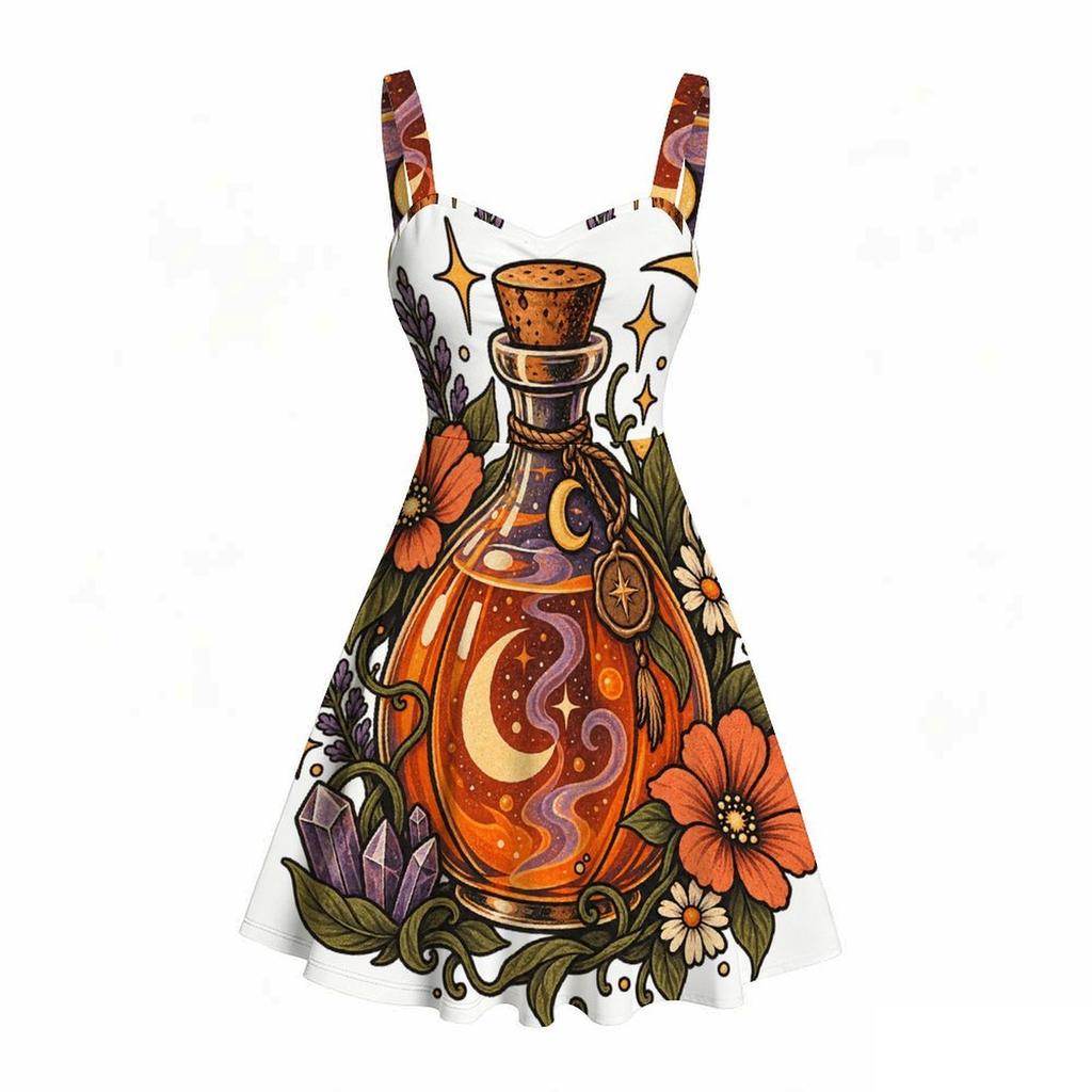 Women Plus Size Spaghetti Strap Off Shoulder Dress Witchy Potion Bottle Floral Crystal Moon Print Swing Dress