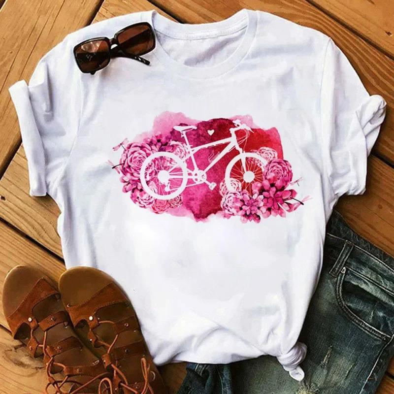 Spring Summer Ladies Floral Bicycle Pattern Fashion Cartoon Print White Letter T-shirt Woman Clothes T Shirt Tops Tee Graphic