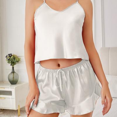 Women's Solid Color Pajamas Set, Sling Vest, Ruffle Edge Shorts Set, Elegant Four-season Loungewear