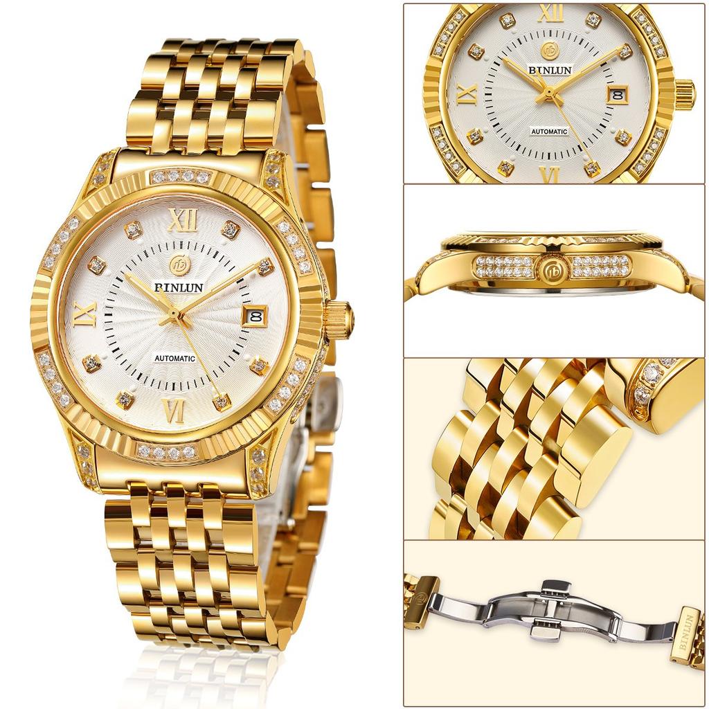 BINLUN Automatic Mechanical Watch with Luminous Date Luxury and Stylish Men's Display, Display, Diamond-Set Watch, Simple, Elegant, (Gold)