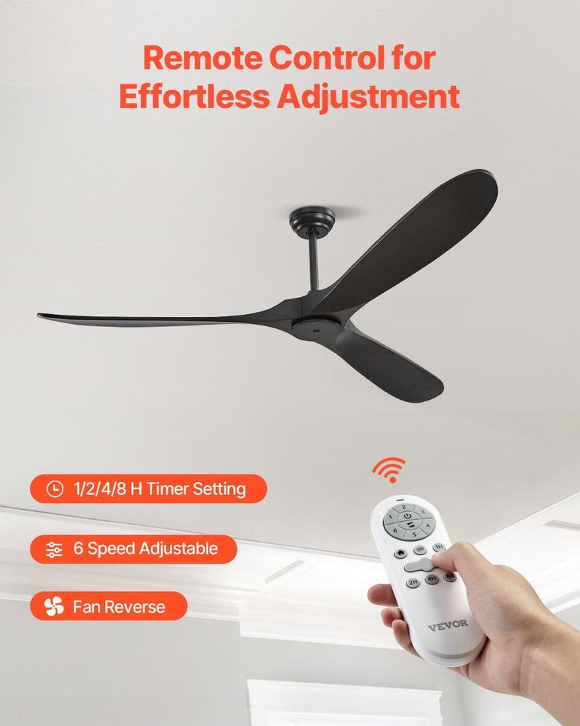 72" Dřevěná čepel Stropní ventilátor Bez světla Dálkové ovládání Reverzibilní motor Černá