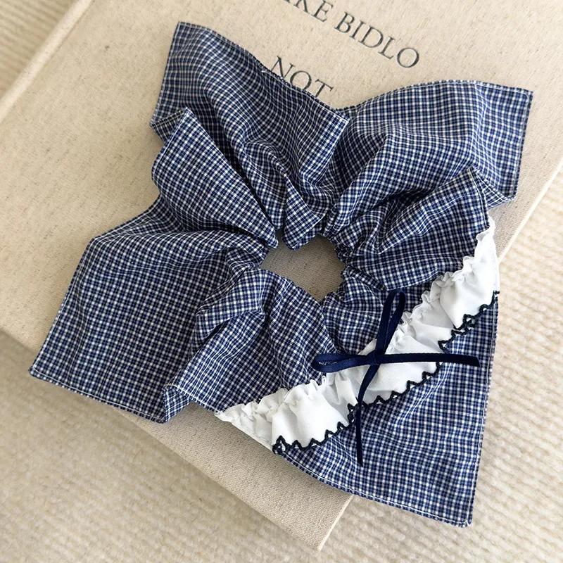 Retro Blue Checkered Hair Ties Fabric Webbing Bow Square Headbands Womens Temperament Head Rope Female Party Accessories Fashion