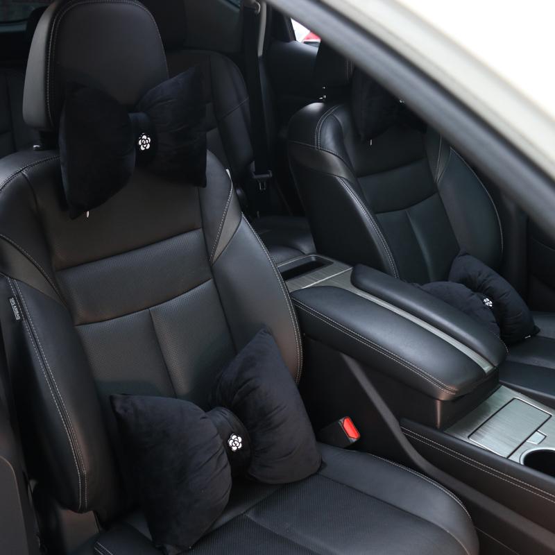 1PC Quality Soft Plush Bowknot Car Neck Pillow Auto Headrest Seat Support Waist Pillows Camellia Flower Car Interior Accessories
