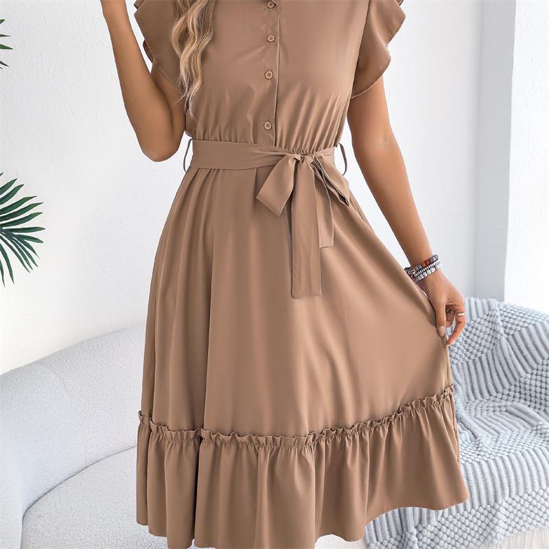 2026 Spring/Summer Women's Stand up Collar Ruffle Lace Waist Shirt Skirt S-XL