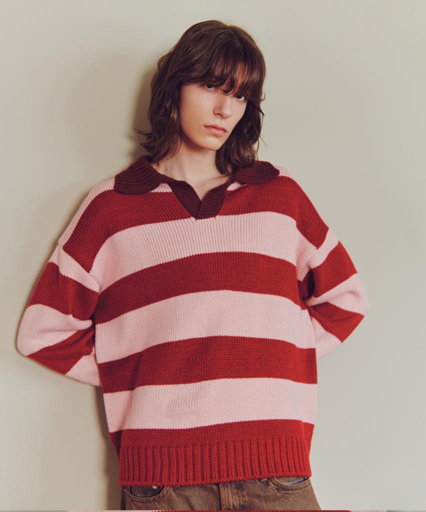 KNITTED Open Collar Striped Knit Red