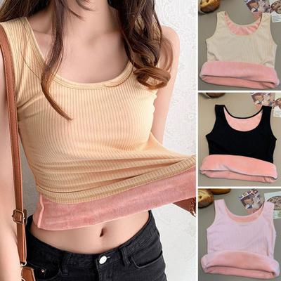 Colete térmico feminino de inverno, sem costura, pelúcia, trava rápida de temperatura, gola redonda, ajuste fino, elástico, sem mangas, roupa interna, parte inferior, regata