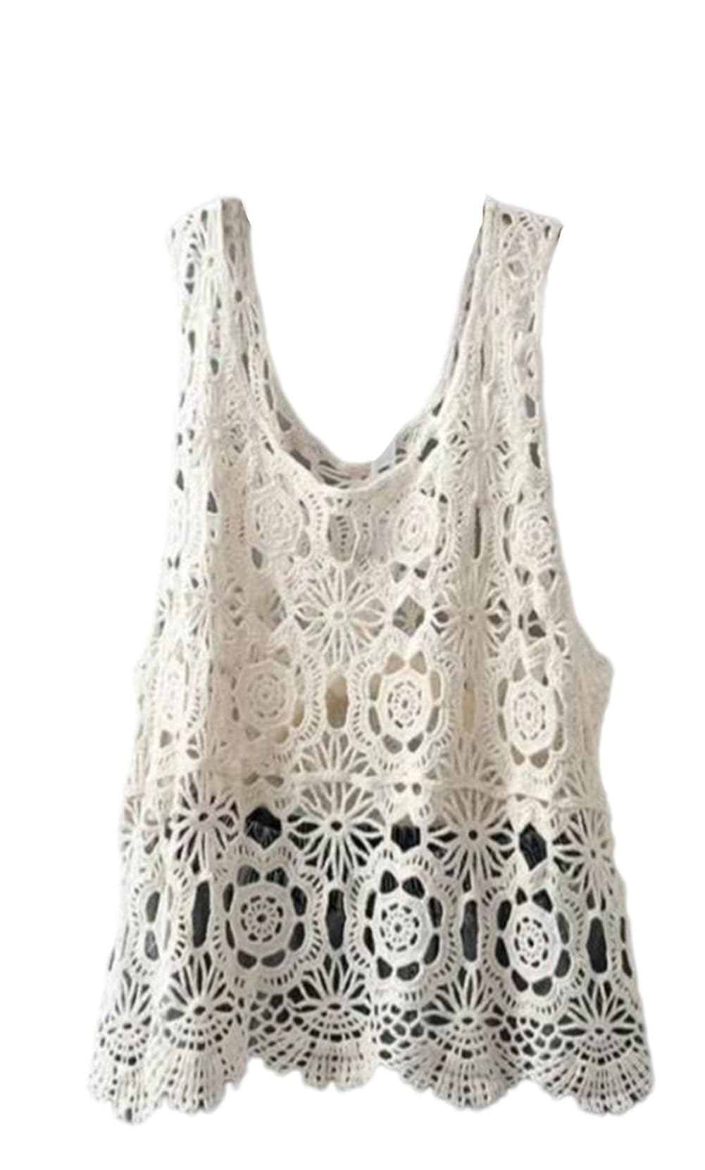 

OIUYUE Ажурный вязаный летний танк для отдыха женский с V-образным вырезом, без рукавов, топ, топ, (Свободный размер, бежевый) бежевый