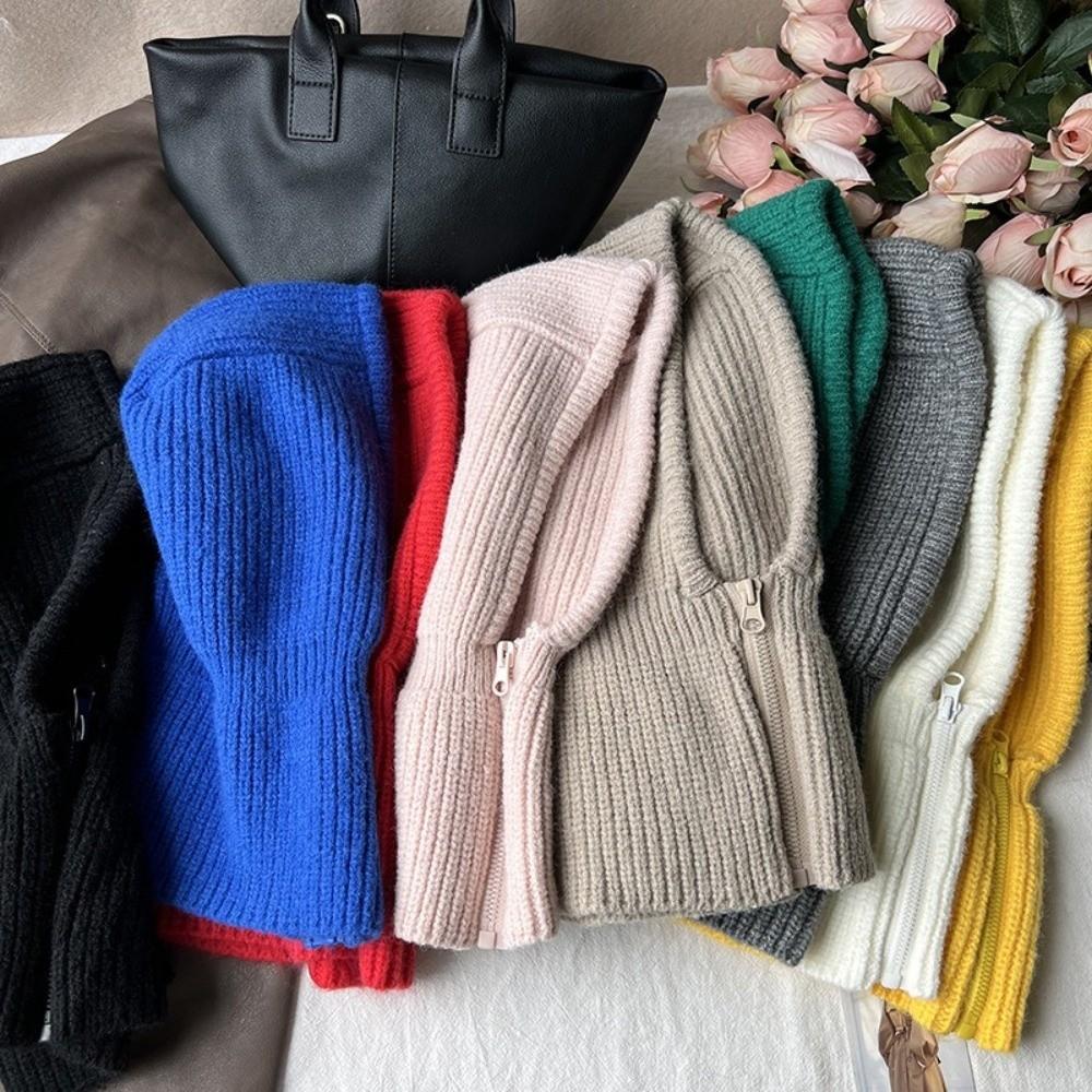 Thickened Wool Knit Hood Hat with Zipper Neck Warmer Pullover Snood Snow Beanie Cap  Winter Outdoor