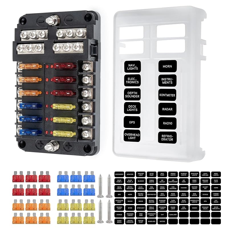 12 Way Marine Fuse Block, 12V Fuse Box with Led Indicator Waterproof Cover, Standard Circuit Marine Fuse Panel with Negative Bus for 12V/24V