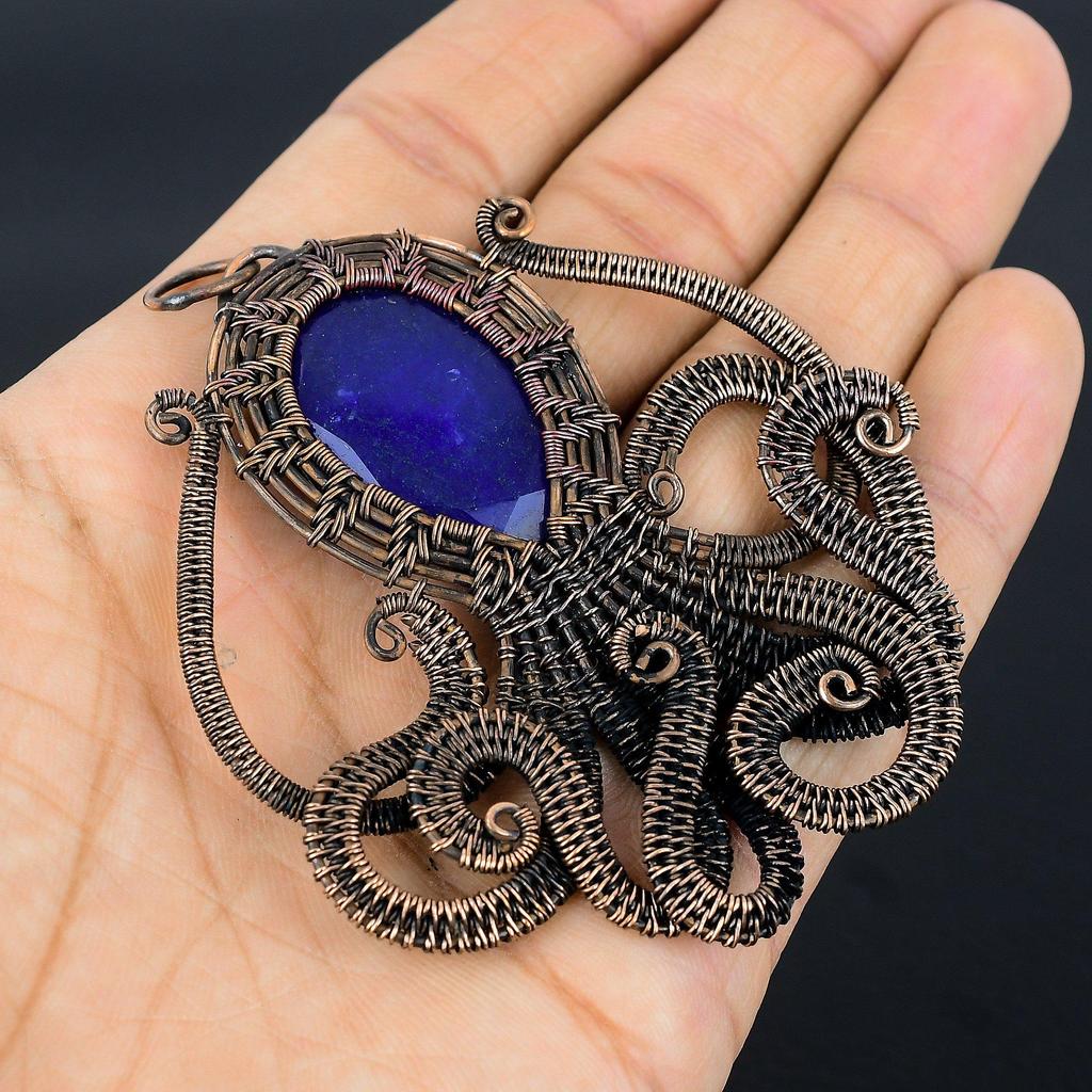Blue Sapphire Pendant, Handmade Gemstone Pendant, 999 Copper Wire Wrapped Pendant Antique Jewelry, For Engagement Gift