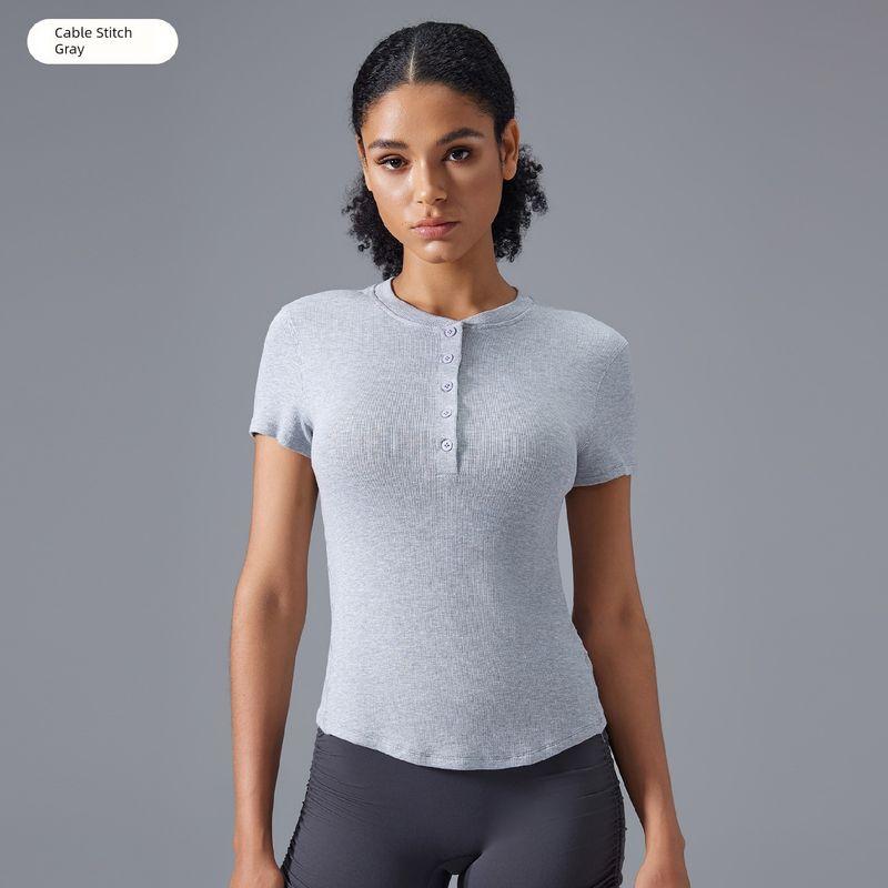 

Lu Same Style Henry Shirt Workout Clothes Women s 2025 New Yoga Wear Short Sleeve Fitness T-shirt Silm Sports Tops Cable Stitch Gray L