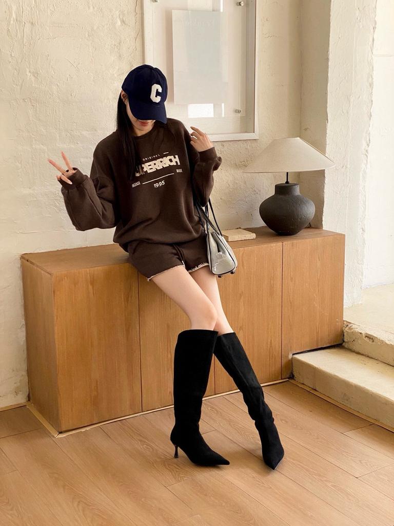 2025 Autumn and Winter New European and American Wind Tube About Temperament Suede Pointed Thin High Heel Boots Thin Wide Tube Knight Boots