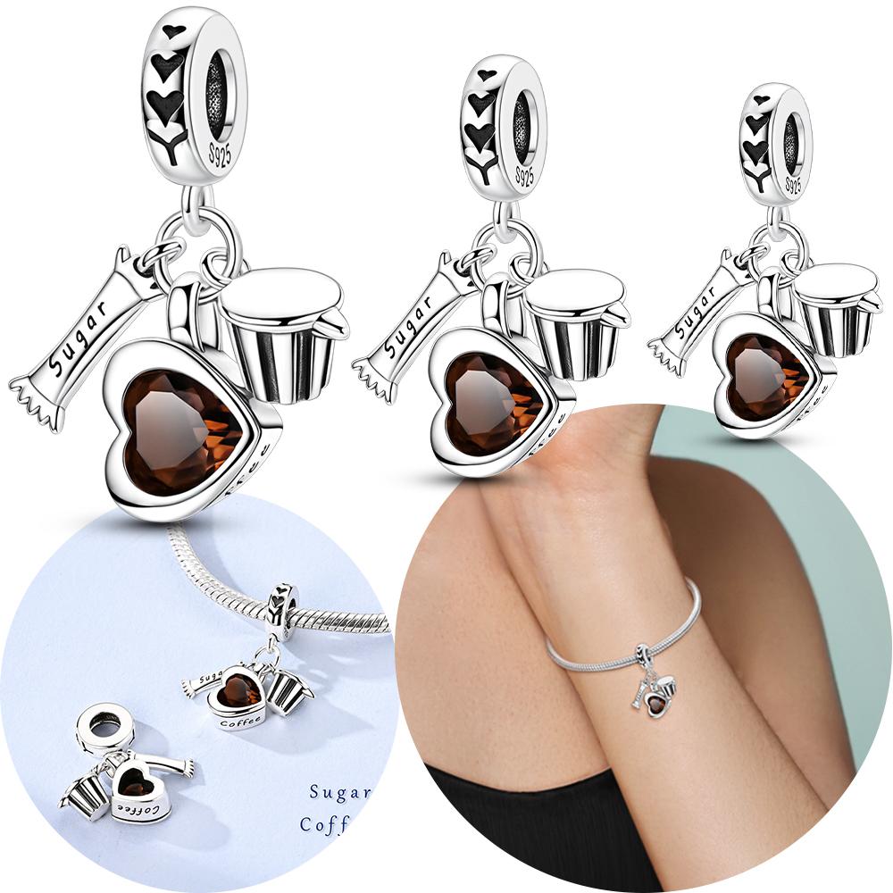 Original Copper Love Heart Brown Coffee Cup Pendant Bead Fit Bracelet Women Valentine'S Day Fine Gift Jewelry Diy Accessory
