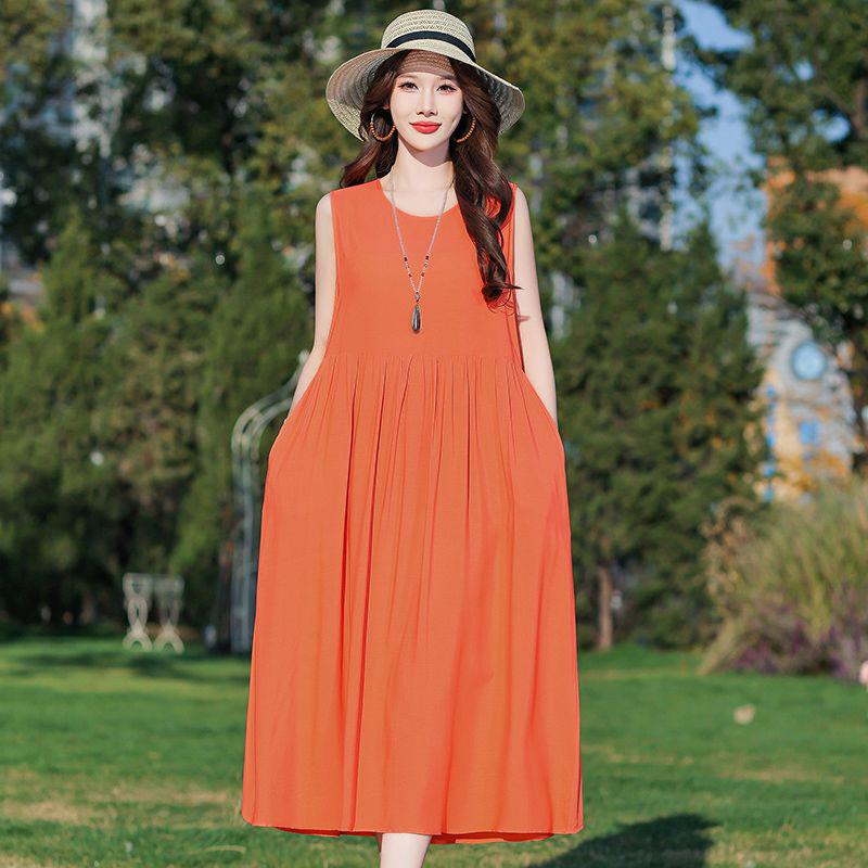 Elegant Plus Size Floral Cotton-Silk Sleeveless Summer Dress