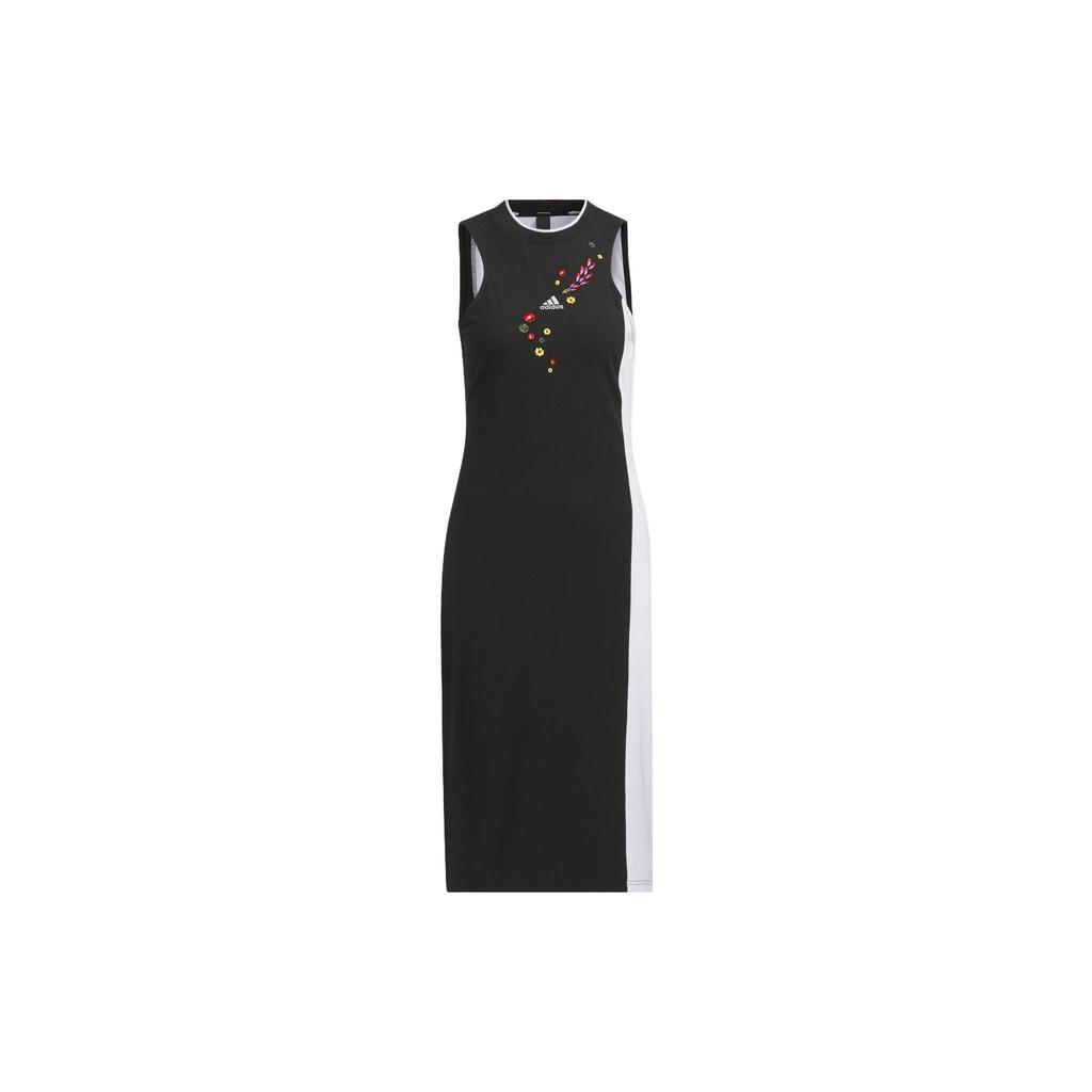 adidas X Shuting Qiu Blumenstickerei Colorblock Slim Fit Midi Gerades Kleid Ärmellos Damenkleider Schwarz Weiß IM8442