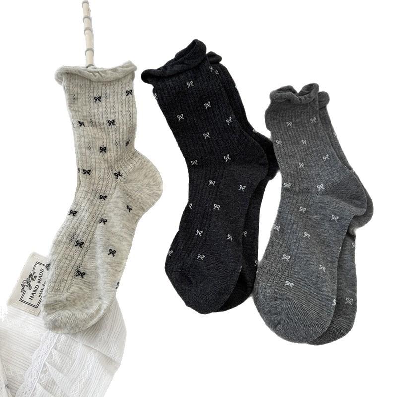 Summer Socks Boneless Stitched Cotton Socks Hollow Bow Thin Breathable Mid-High Thin Cotton Socks