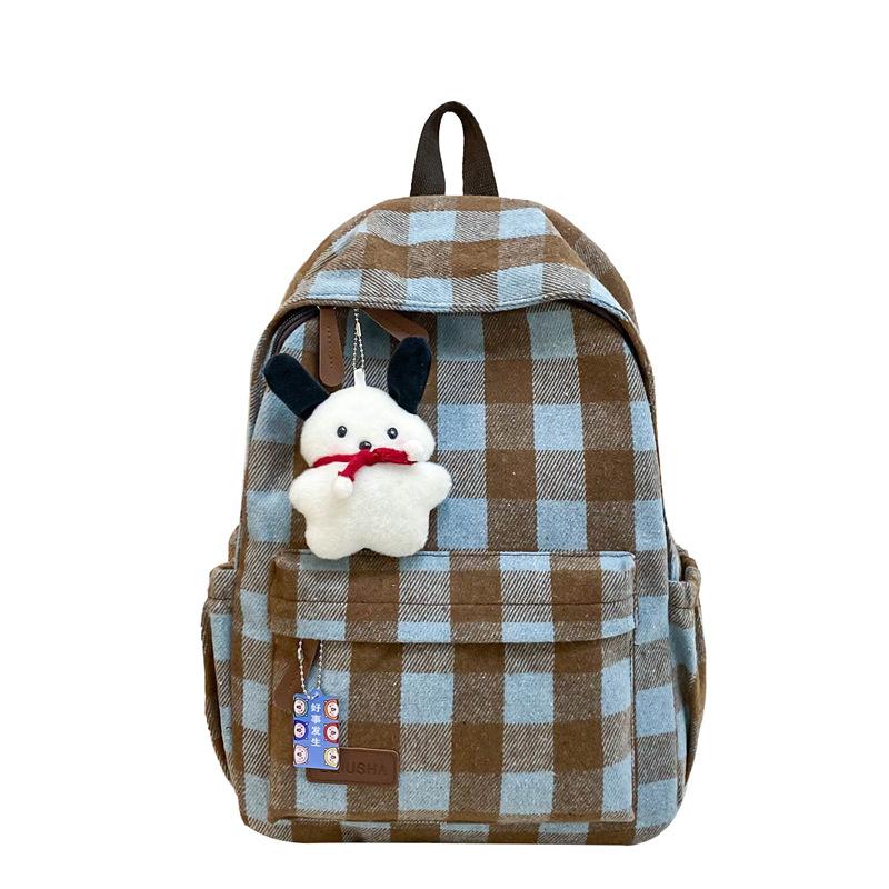 

2025 зимний клетчатый холщовый рюкзак женский для учениц средней школы и старшеклассниц, рюкзак для студенток колледжа, простой милый школьный портфель No pendant синий