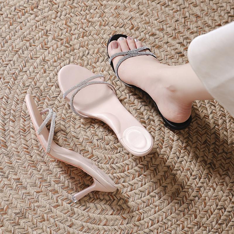 Summer New Style Fashion Sexy Women Sandals Thin Heel Rhinestone High Heels Open Toe Backless Slippers Fairy Style Zapatos Mujer