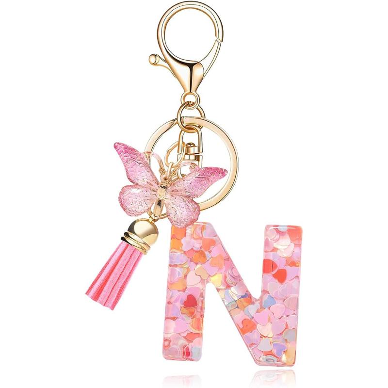 English Alphabet Letter Tassels Keychain Pink Butterfly Pendant Key Chain Women Car Key Ring Bag Jewelry Simple Letter Name Gift