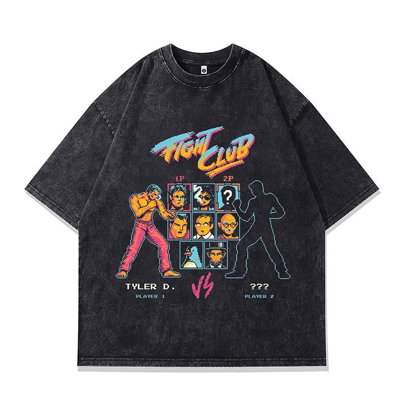 T-shirt d'été nouveau style rétro japonais dessin animé imprimé surdimensionné coton lavé manches courtes marque tendance homme et femme