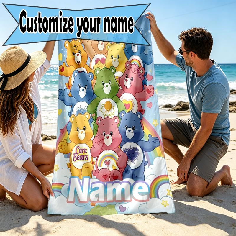 Custom Name Personalized Care Bears Print Beach Towel, for Trip Camping Beach Party Home Decor, Birthday Gift for Family & Friends