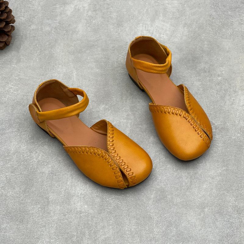 Johnature Retro Handmade Genuine Leather Sandals Hollow-out Soft Sole Round Toe Women's Shoes