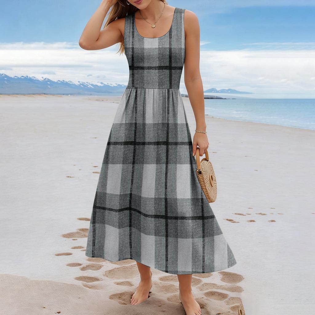 Ladies' Checkered Summer Casual and Fashionable Sleeveless Long Dress
