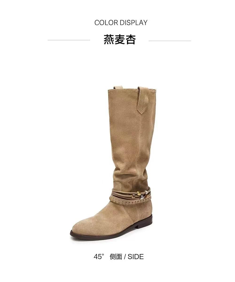 

Cowhide version~ 2025 new short boots round head retro western cowboy boots temperament advanced long boots stacking boots 40