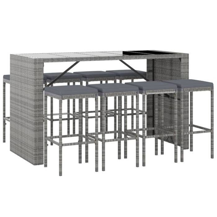 VidaXL Ensemble de bar de jardin 9 pcs avec coussins gris poly rotin, ensemble de table de bar, table et chaise de bar, 3187624
