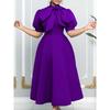 Temperament Long Dress Short Sleeve Lace-up Bow Puffy Banquet Formal Dress European and American Dress