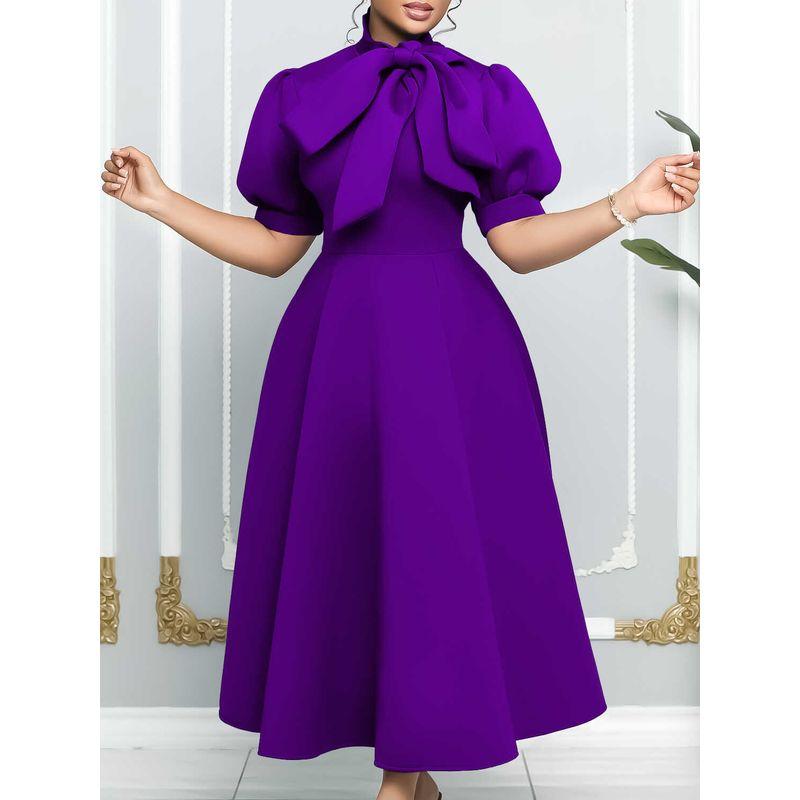 Temperament Long Dress Short sleeve Lace-up Bow Puffy Banquet Formal Dress European and American Dress