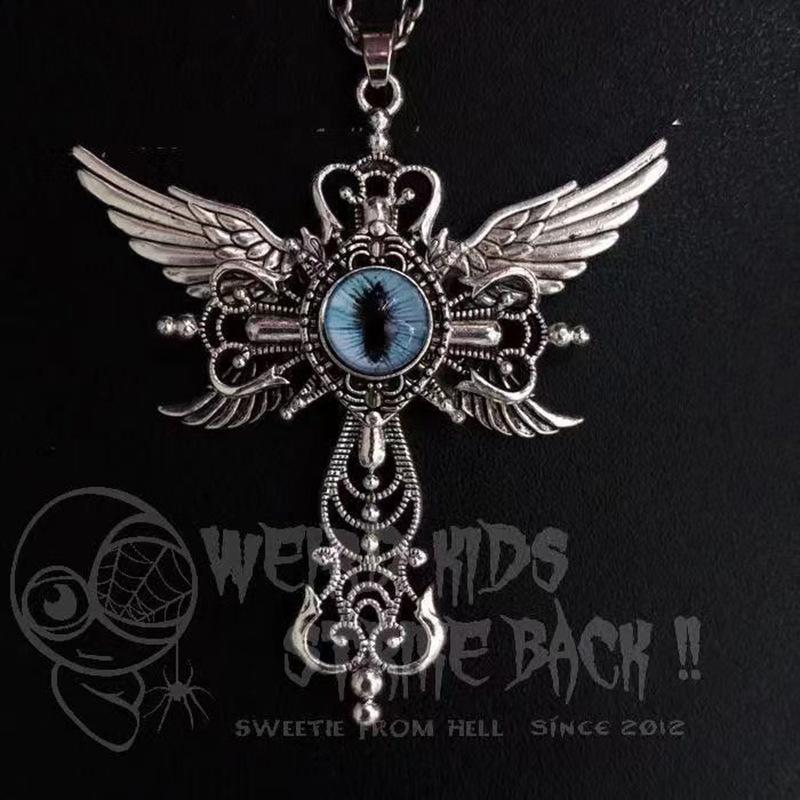 Natural Blue Devil s Eye Pendant Jewelry Creative Devil Wings Cross Necklace Necklace 60CM