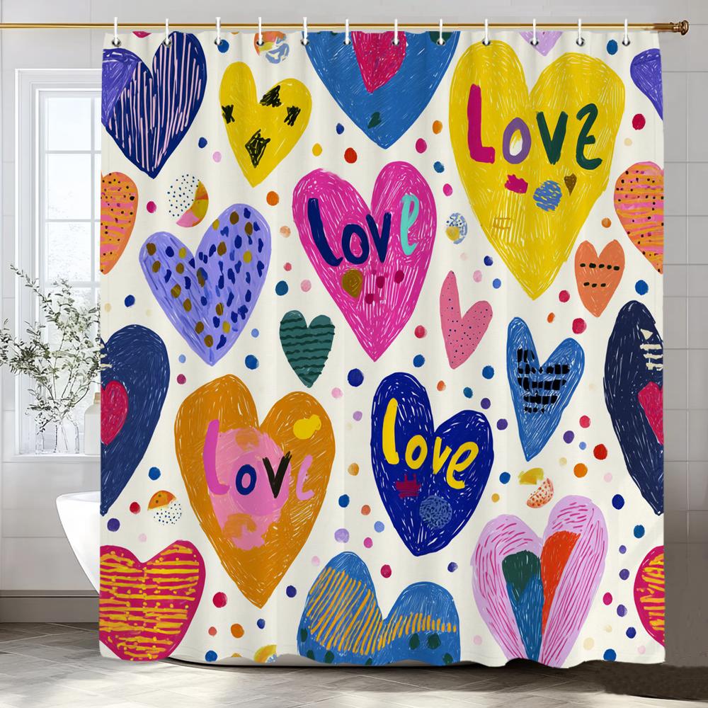 Modern heart-shaped Red Love Pattern Shower Curtain, Bathroom Decorative Shower Curtain, Waterproof Shower Curtain with Hooks