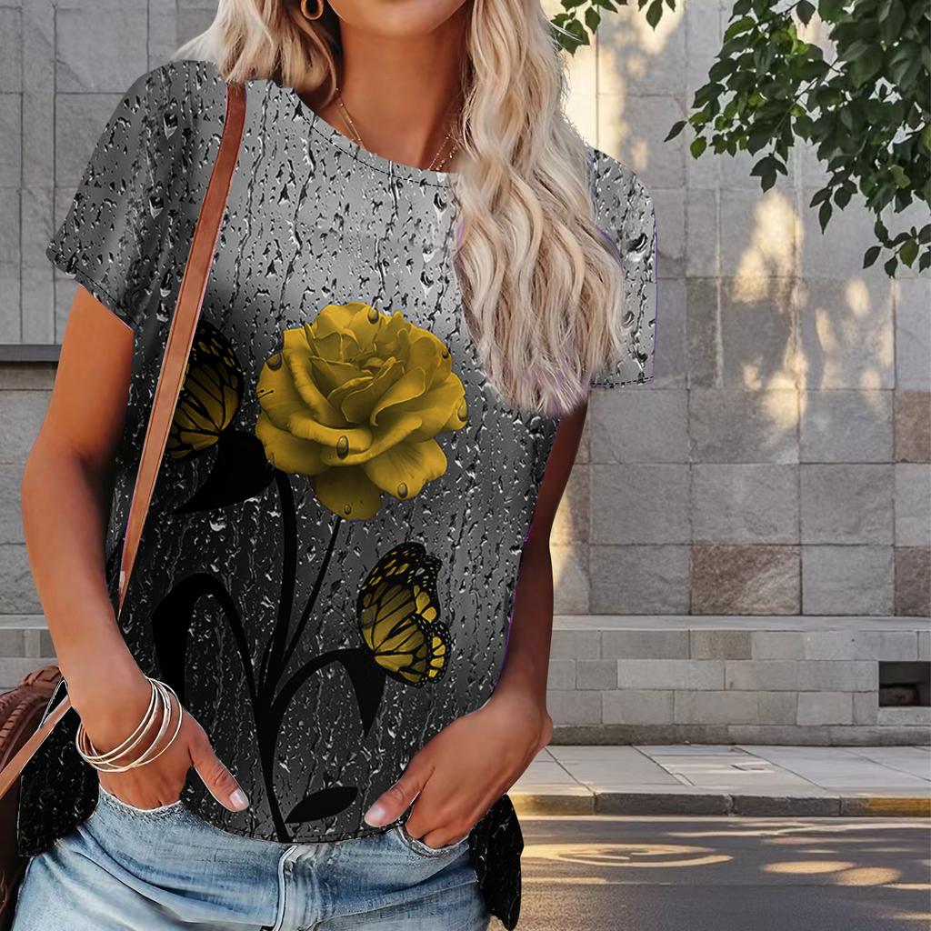 Damski Letni T-shirt z Nadrukiem Róży Retro Moda Krótki Rękaw Koszulki Casualowe Drukowane Topy