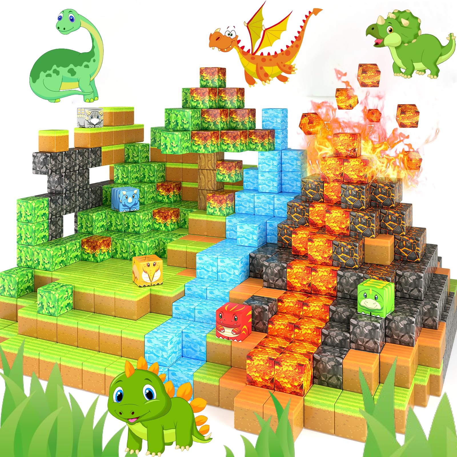 

108 штук магнитных строительных блоков для детей, набор магнитных строительных блоков «Динозавр-вулкан» для детей от 6 лет и - (Подходит вверх)