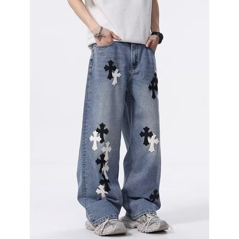 Jeans Larghi Unisex a Vita Media Deostrutturati Vestibilità Larga Vintage Americano Lavato Baggy in Denim Pantaloni Rilassati Lunghi Fino a Terra