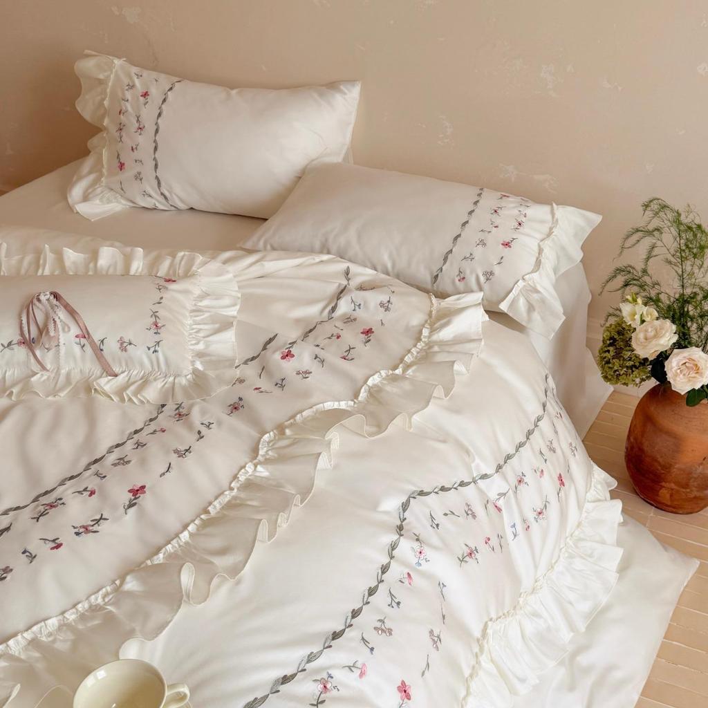 French Countryside Floral 100% Cotton Embroidered Lace Duvet Cover Set, includes Long-Staple Cotton Bed Sheet and Pillowcases.