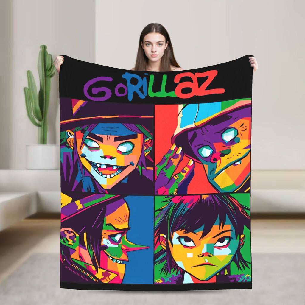 Musikband Gorillaz Crew Flanelldecke Weiche Überwurfdecke für Draußen Flugzeugreisen Mode Tagesdecke Sofa Bettbezug