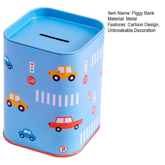 Square Tinplate Piggy Bank Cartoon Coin Cash Storage Jar Container Children Money Saving Box Decoration Boys Girls Gift