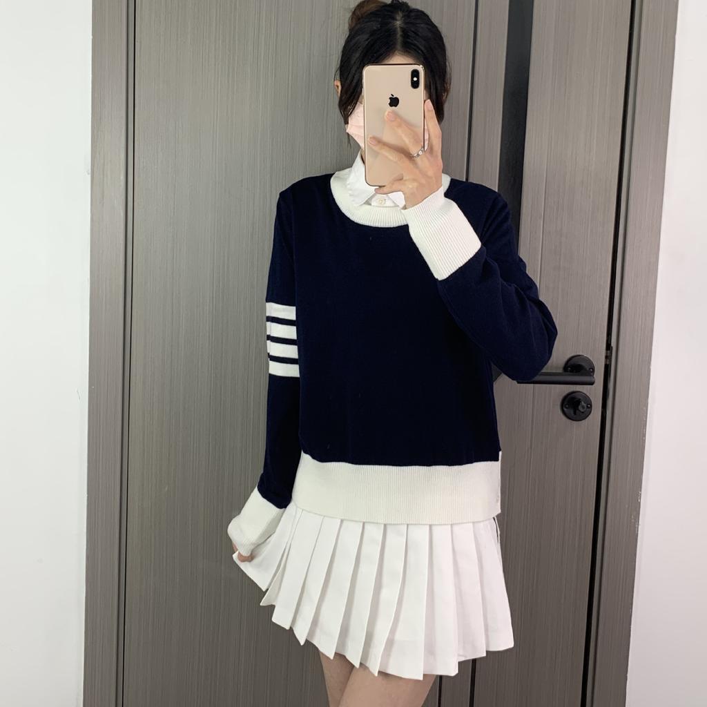 New TB Knitted Sweater Spring and Autumn Four-bar Striped Knitted Pullover Round Neck Long Sleeve Women's Round Neck Pullover Sweater