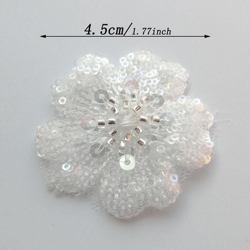5 st 3D Vita Blomma Paljetter Pärlbroderad Spetslapp Reparation Applikation DiY Kläddekorationstillbehör