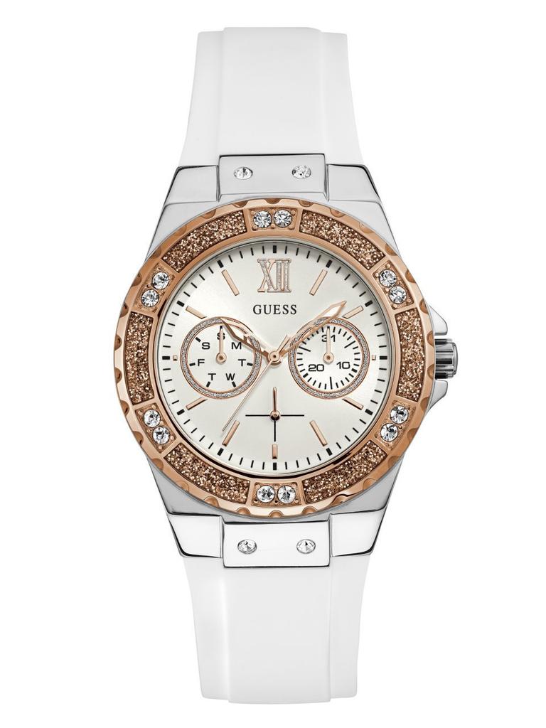 GUESS Women's Stainless Steel Silicone Watch Day Date Functions White Silver Rose Gold