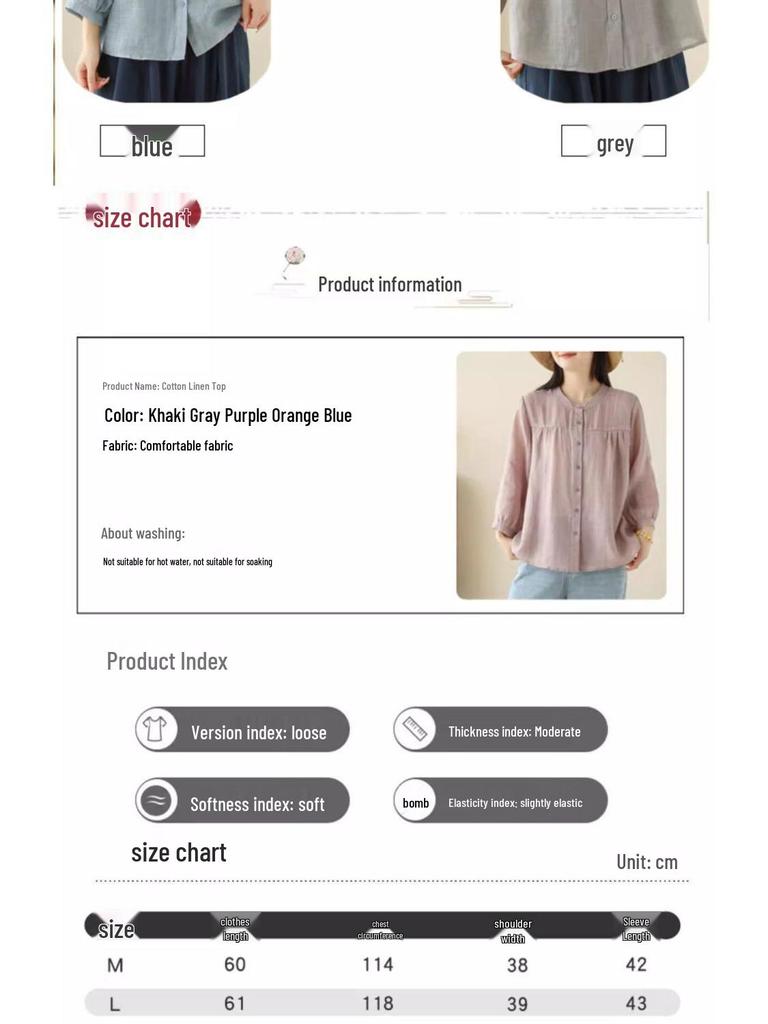 Summer Cotton Linen Casual Women's Blouse - Lightweight, Loose, and Slimming Seven-Sleeve Sunscreen Top