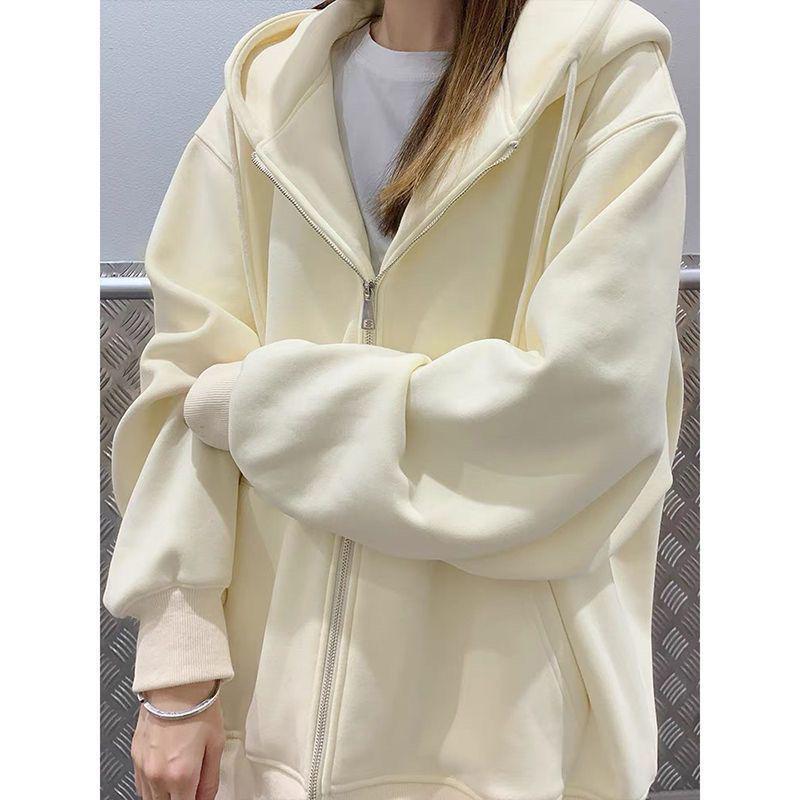 Women's Red Hooded Zip-Up Cardigan - New Year Battle Robe Style, Plus Velvet, Petite Loose Fit for Spring & Autumn