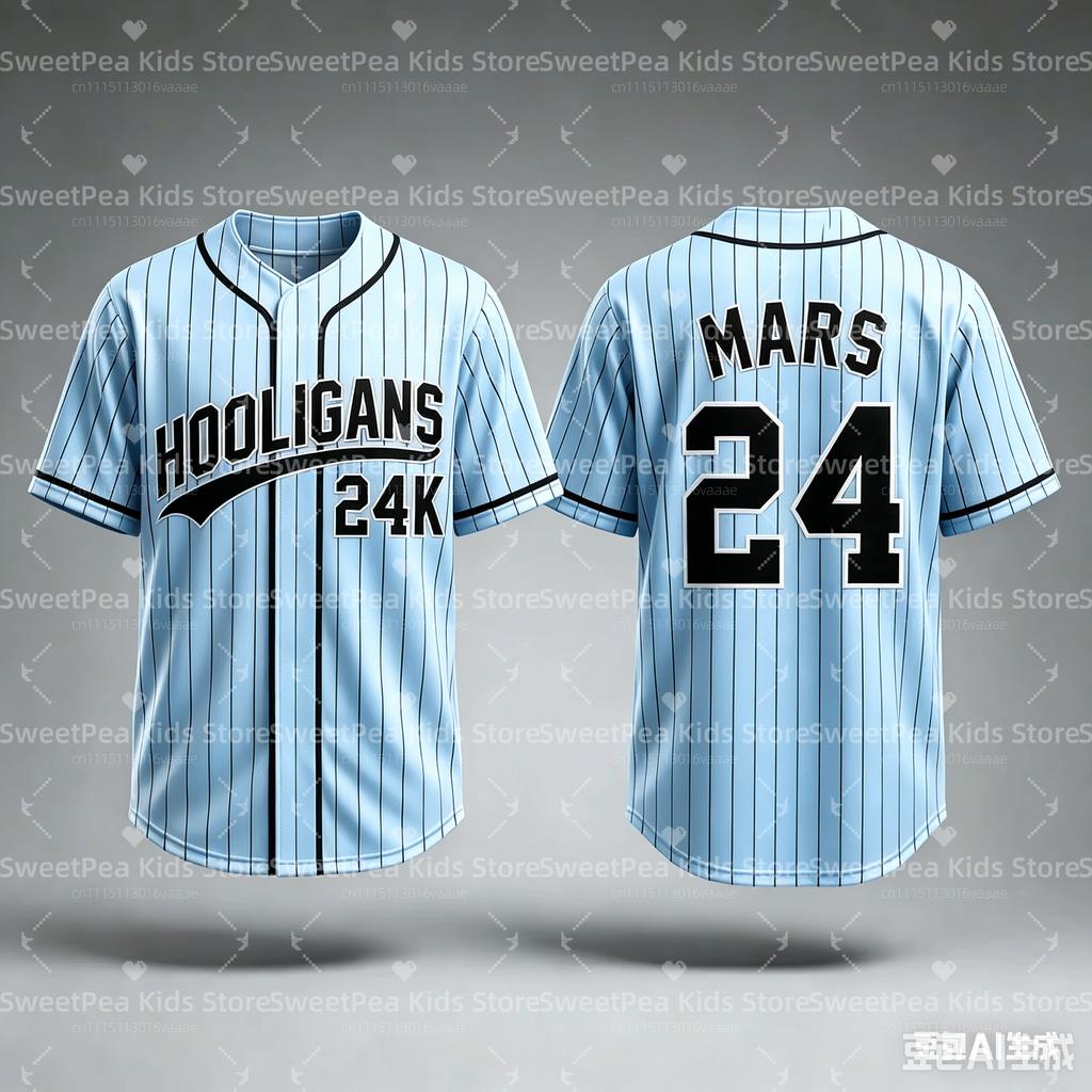 2026 Bruno Mars 24K Hooligans Baseballtrikot Herren Damen Unisex Kurzarm Hip Hop Streetwear Tops für Fans Familienpassend
