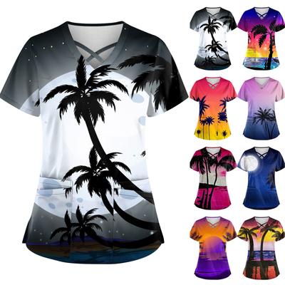 Women's Hawaii Printed Uniform Work Uniform V-Neck Pocket Protective Work Uniform